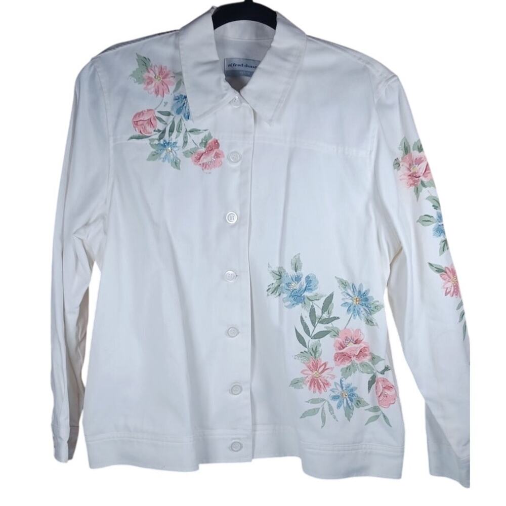 Alfred Dunner Women's White Floral Embroidered Beaded Denim Jacket Size 12P